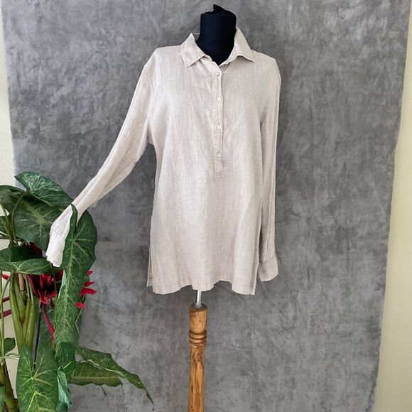 Chico’s 100% Linen tunic top women’s size M Beige Roll Tab Sleeves Pop over. - Picture 1 of 12